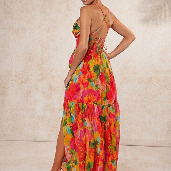 Boho Women's Tropical Tiered Hem Backless Maxi Dress Multicolor - Picture 2 of 5
